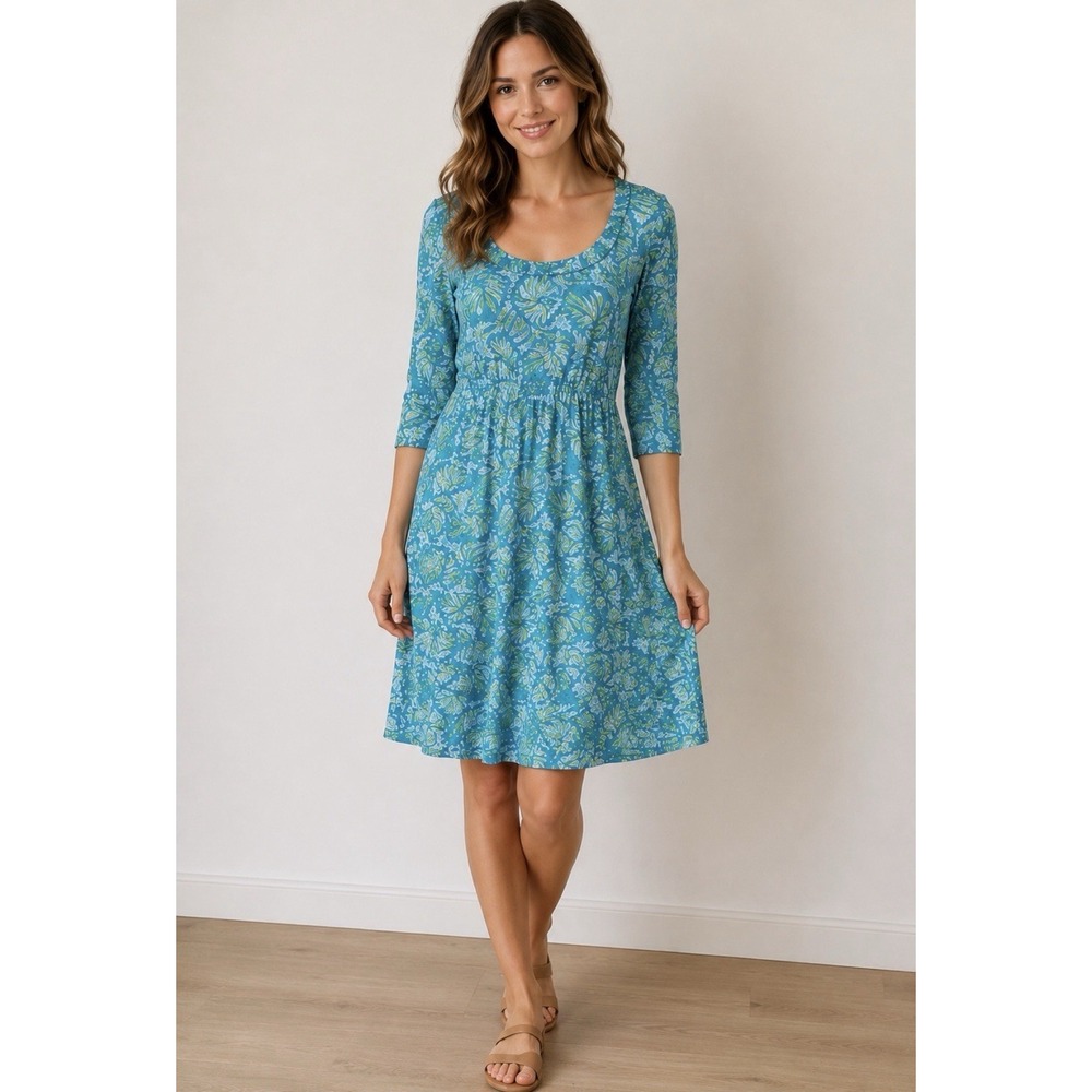 Lilly Pulitzer Dress Women Small 100% Silk Blue Knit Shell Print Travel Vacation